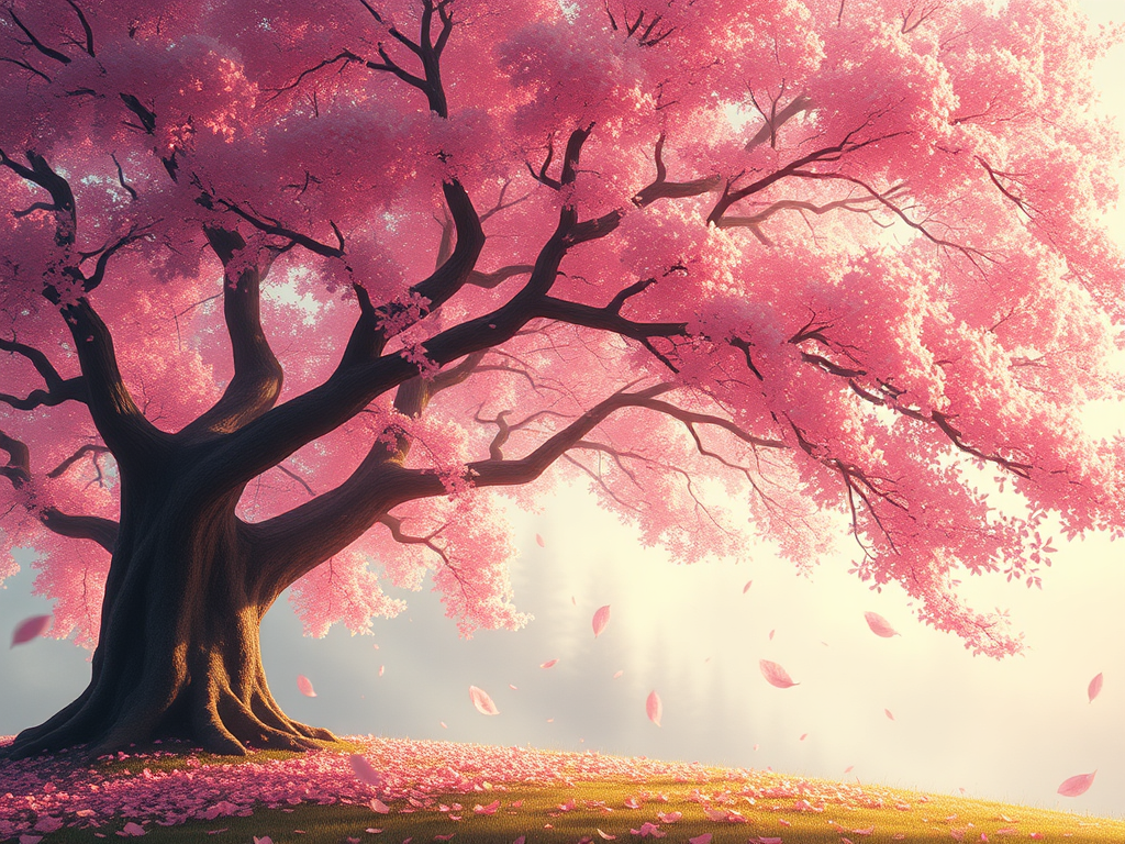 Pink tree with leaves falling against the sky.